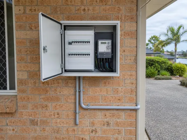 External switchboard mounted on a brick house wall beside a driveway in Burleigh Waters